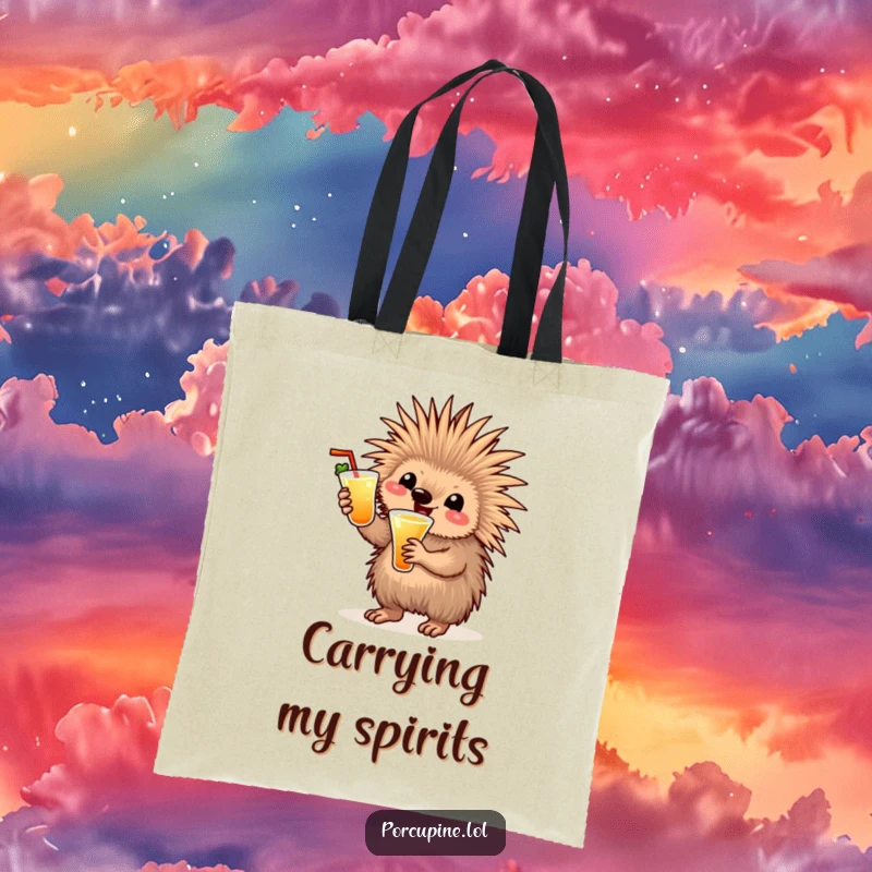 Funny cocktail porcupine tote bag featuring a happy porcupine waving with a drink, great for carrying essentials or party favors.