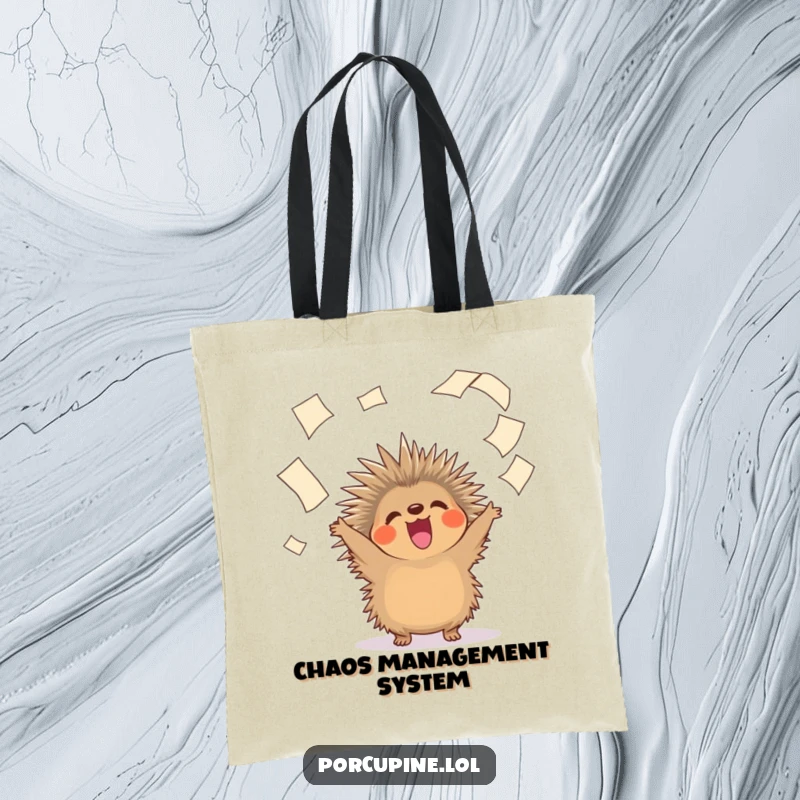 Funny tote bag featuring a liberated porcupine joyfully scattering papers, ideal for carrying groceries with a smile.