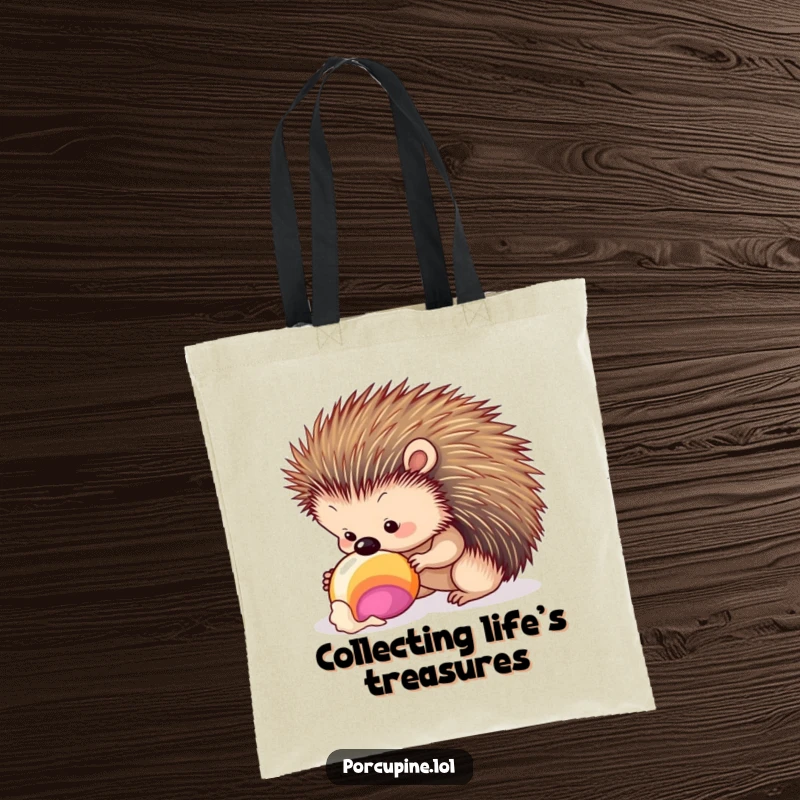 Funny seashell porcupine tote bag showing a porcupine curiously inspecting a seashell, perfect for carrying beach essentials and treasures.