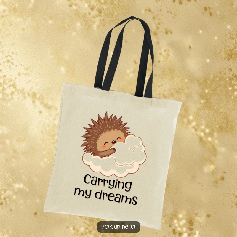 Funny tote bag illustration of a porcupine trying to hug a fluffy cloud, perfect for carrying items with a touch of whimsy.