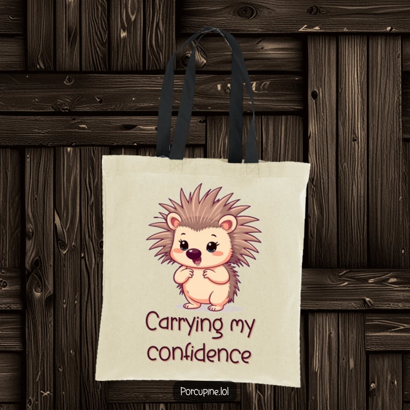 Funny porcupine tote bag showcasing a porcupine striking a confident pose with quills spread, embodying boldness and style.