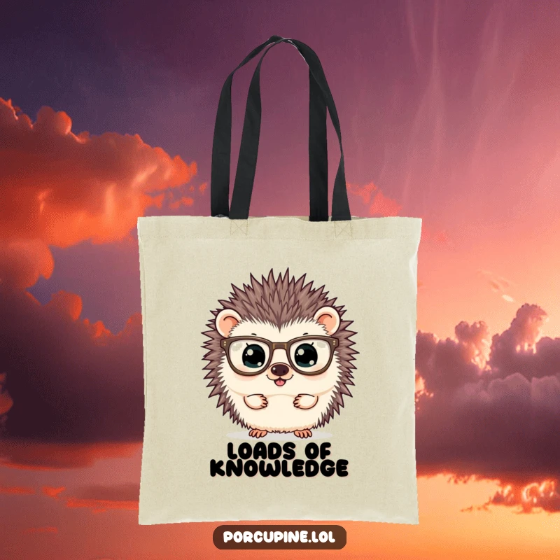 Funny tote bag featuring a porcupine wearing large glasses and peering curiously, ideal for carrying books and daily essentials.
