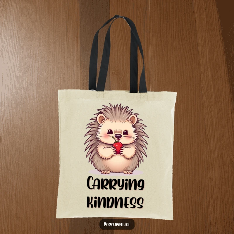 Funny Tote Bag featuring a porcupine gently offering a single, perfect berry held carefully between its paws, symbolizing sharing.