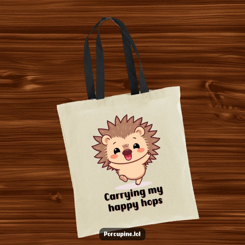 Funny Kawaii Porcupine Tote Bag: A charming, smiling porcupine performing a happy hop, perfect for carrying your items with a dose of prickly delight.
