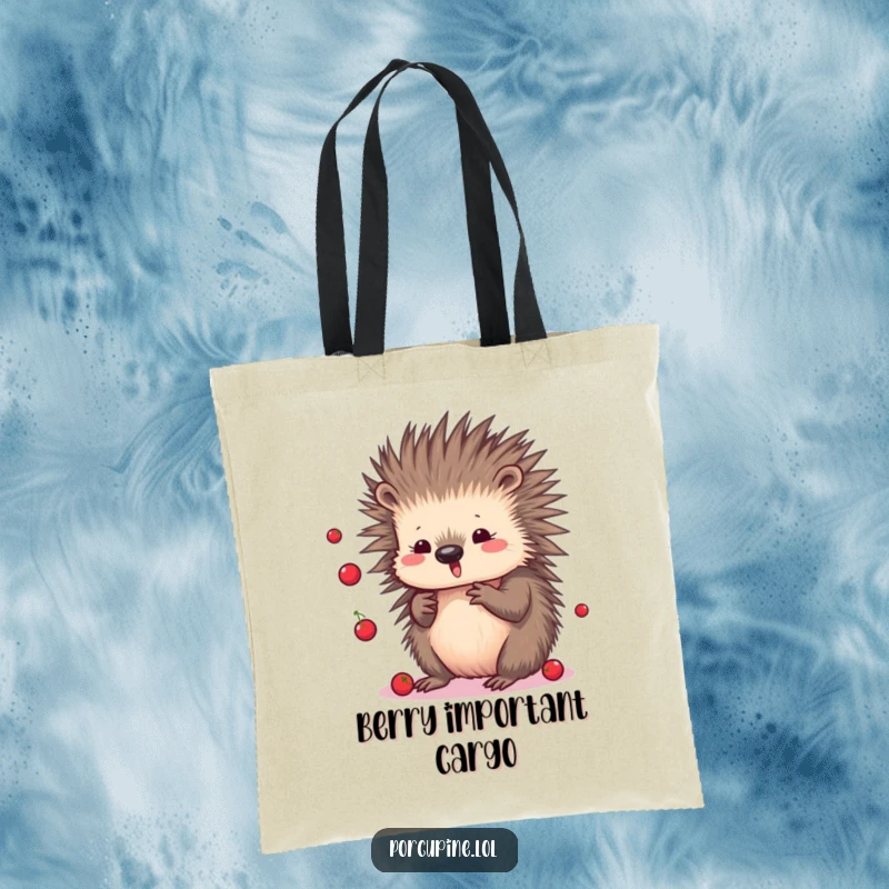 Funny Kawaii Porcupine Tote Bag: Cute cartoon porcupine juggling tiny berries, perfect for carrying essentials with a playful, charming vibe.
