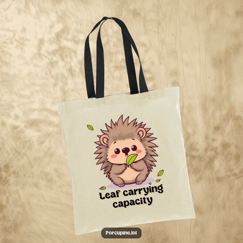 Funny tote bag featuring a kawaii porcupine with a surprised expression to a falling leaf, a humorous and practical accessory.