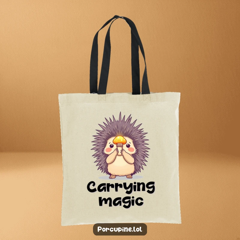 Funny tote bag featuring a porcupine holding a small, glowing mushroom aloft, ideal for carrying items with a magical flair.