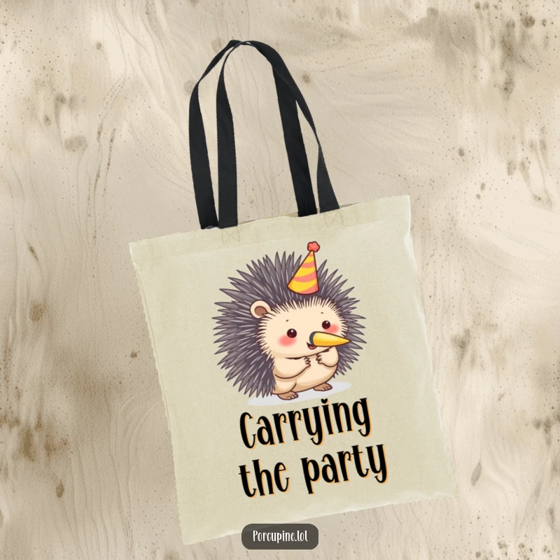 Funny porcupine tote bag depicting a porcupine with a party hat and horn, ready for any festive occasion.