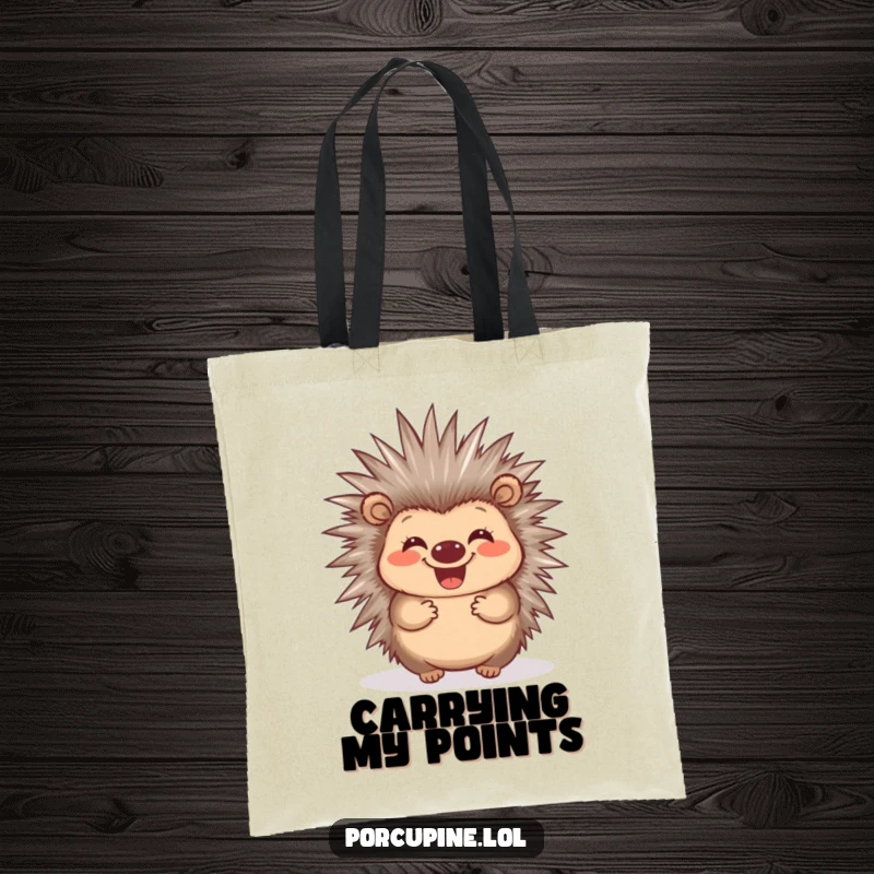 Funny Porcupine Quill Tote Bag: A grinning porcupine wiggling its quills, perfect for carrying items with funny cheer.