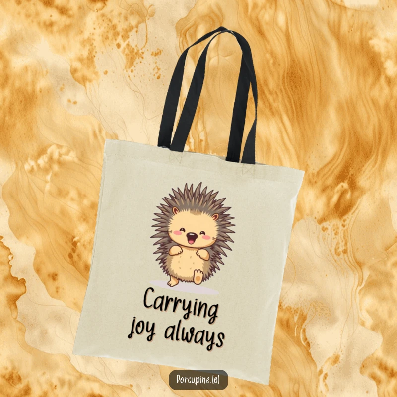 Funny porcupine tote bag featuring a porcupine doing a happy little dance with its feet, perfect for cheerful errands.