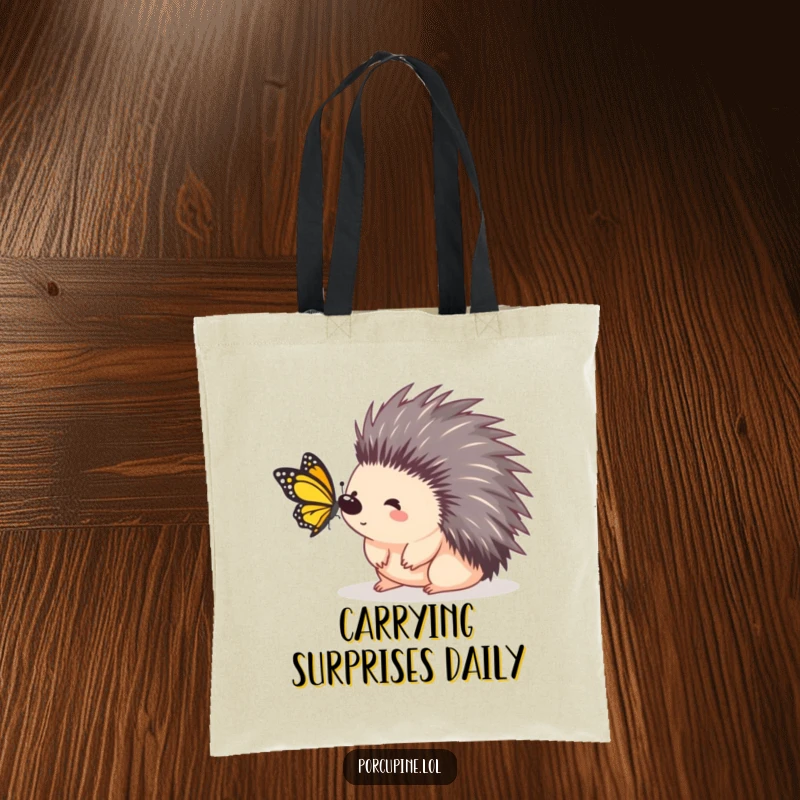 Funny porcupine tote bag depicting a porcupine with a surprised look as a butterfly lands on it, capturing humorous surprise.