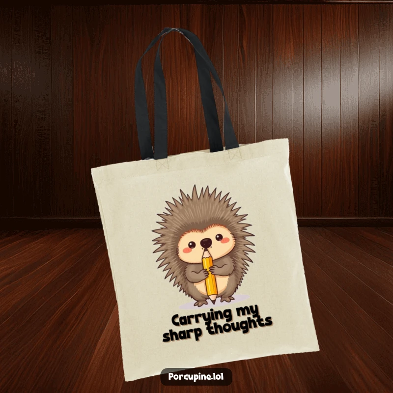 Funny tote bag design of a porcupine intensely balancing a single pencil on its nose, highlighting focus and skill.
