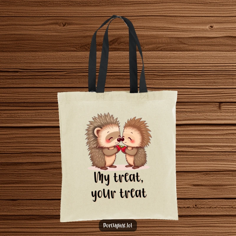 Funny porcupine tote bag featuring two porcupines sharing a tiny berry, symbolizing friendship and generosity in a cute way.