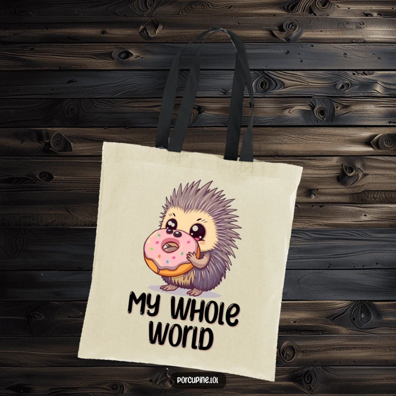 Funny tote bag with a wide-eyed porcupine holding a colossal donut, perfect for carrying essentials with a sweet, humorous flair.