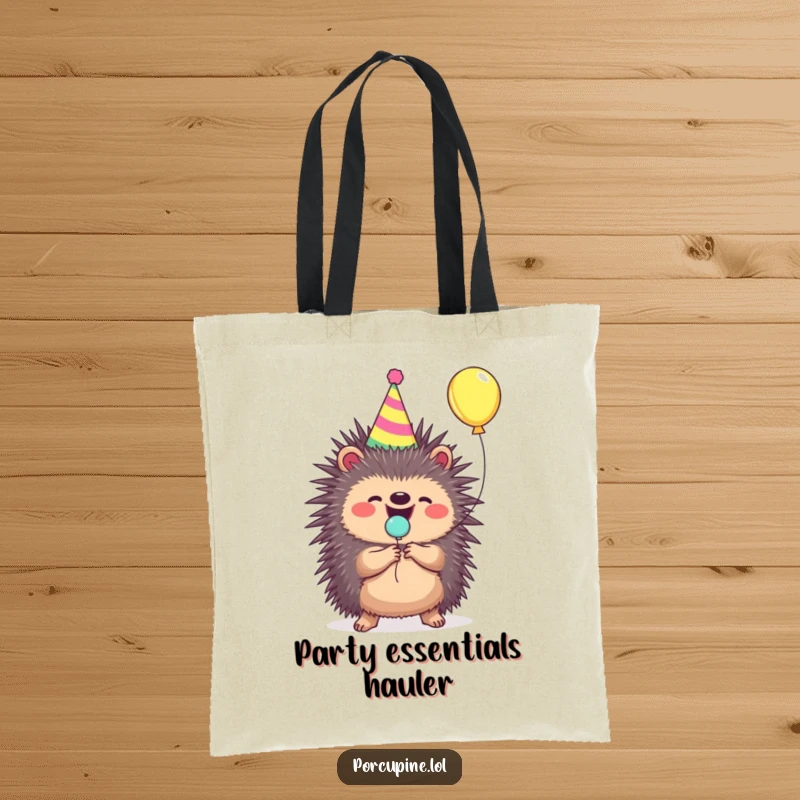Funny porcupine tote bag with a party hat, joyfully popping a balloon, perfect for party lovers.