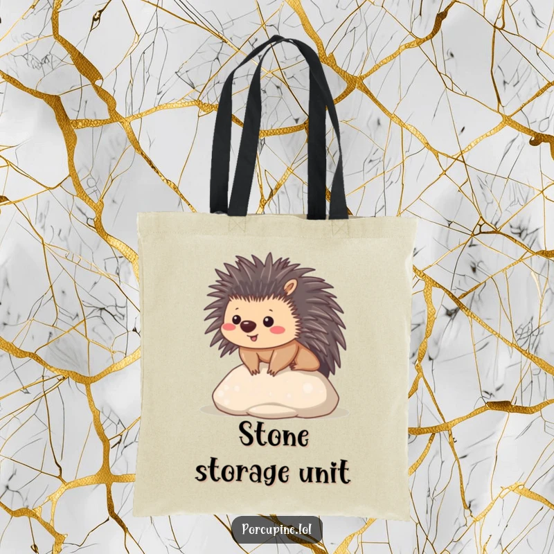 Funny tote bag featuring a content kawaii porcupine sitting on a smooth stone, a peaceful and practical accessory.