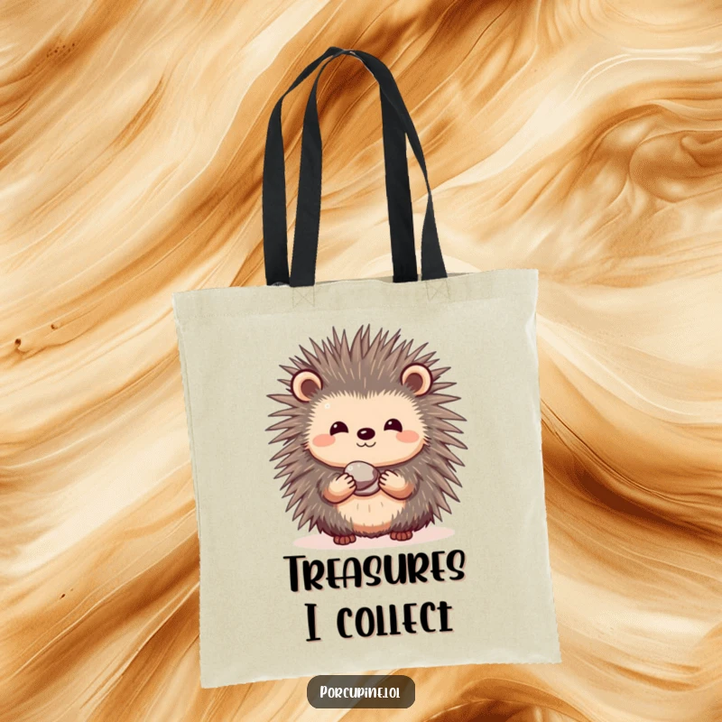 Funny tote bag with a shy porcupine smiling and offering a small, shiny pebble, perfect for carrying small treasures.